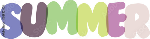 Summer word text typography with bright colorful overlapping bubble letters for seasonal holiday promotional design work