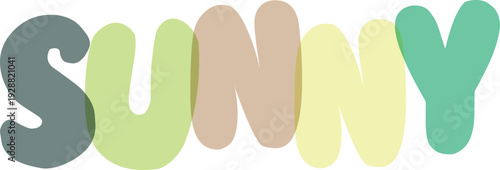 Sunny word lettering with yellow and green overlapping bubble font characters for weather forecast or summer theme decor
