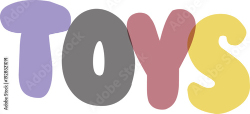 Toys lettering with fun bubble font in purple grey red and yellow colors isolated on a checkered transparent background