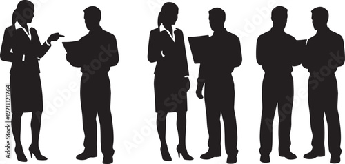 Black Solid Female Manager Reviewing Documents Silhouettes Set of Six on White Background