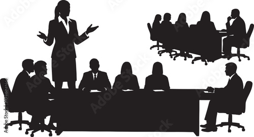 Black Solid Female Executive Boardroom Silhouettes Set of Six on White Background