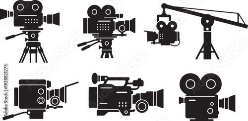 Black Solid Film Set Camera Silhouettes Set of Six on White Background