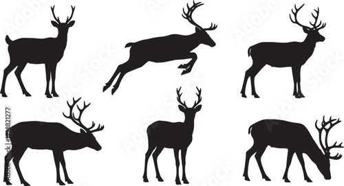 Black Solid Female Reindeer Graceful Silhouettes Set of Six on White Background