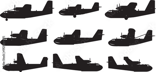 Black Solid Firefighting Aircraft Silhouettes Set of Six on White Background