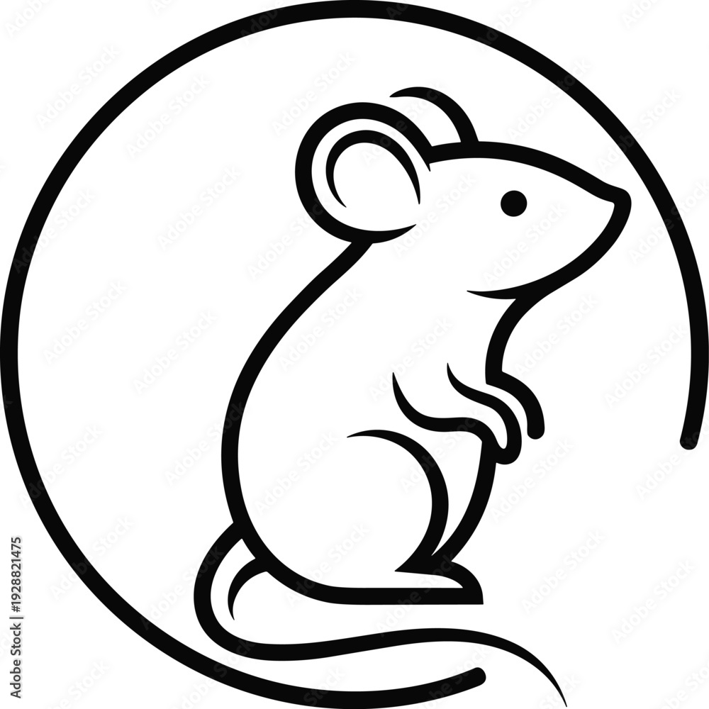 Fototapeta premium Minimalist mouse silhouette logo, stylized rodent emblem in circular frame, clean black and white vector illustration for branding, science, nature