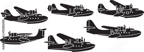Black Solid Flying Boat Silhouettes Set of Six on White Background