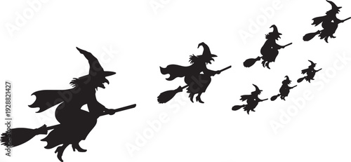 Black Solid Flying into Distance Witch Silhouettes Set of Six on White Background