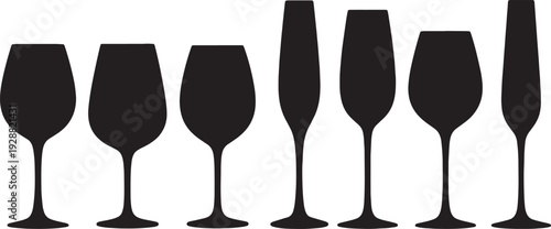 Black Solid Food Pairing Wine Glasses Silhouettes Set of Six on White Background