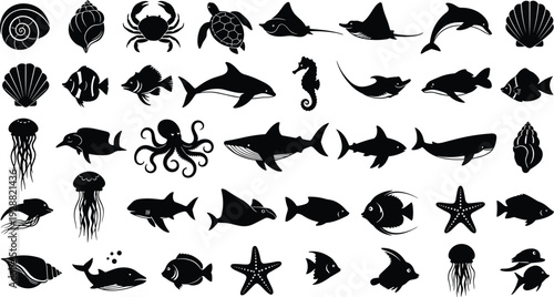 Marine animals silhouette vector illustration with fish, dolphins, sharks, turtles, crabs, seahorses, rays, octopus, jellyfish, seashells, starfish, ocean life collection