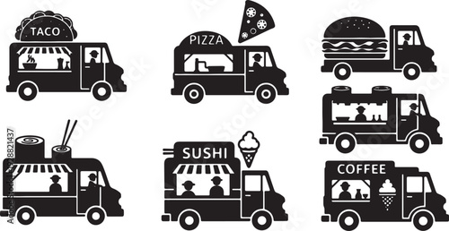 Black Solid Food Truck Silhouettes Set of Six on White Background
