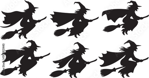 Black Solid Flying Witch Silhouettes Set of Six on White Background
