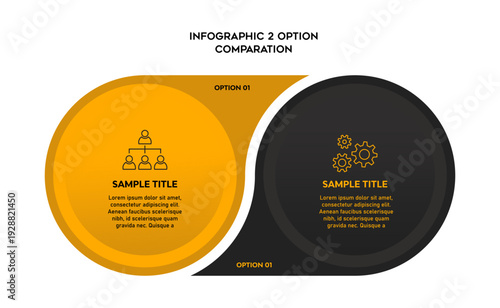 Venn diagram infographic chart template for business 2 color parts options, presentation with venn diagram elements vector illustration.
