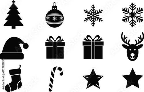 Christmas Silhouette Icons Set with Tree, Snowflake, Gift Box, Santa Hat, Reindeer and Holiday Decoration Vector Collection