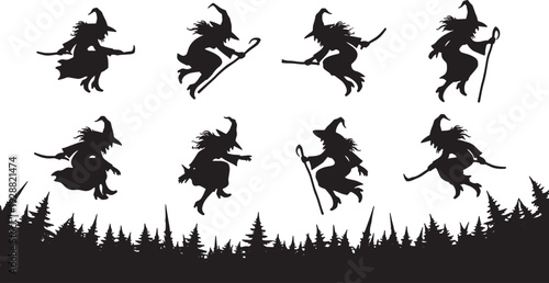Black Solid Forest Descent Witch Silhouettes Set of Six on White Background
