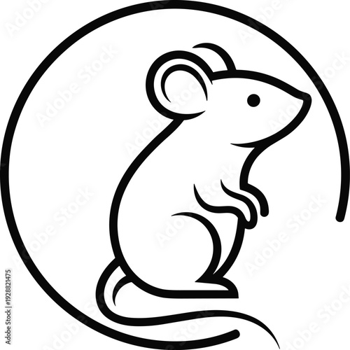 Minimalist mouse silhouette logo, stylized rodent emblem in circular frame, clean black and white vector illustration for branding, science, nature