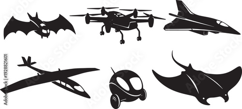 Black Solid Futuristic Aircraft Silhouettes Set of Six on White Background
