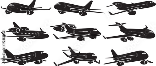 Black Solid Futuristic Passenger Aircraft Silhouettes Set of Six on White Background