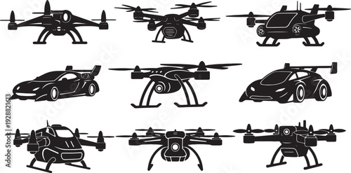 Black Solid Futuristic Aerial Vehicle Silhouettes Set of Six on White Background