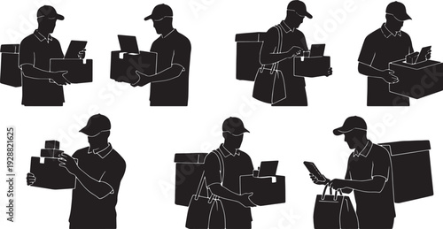 Black Solid Garbage Collector Silhouettes Set of Six on White Background
