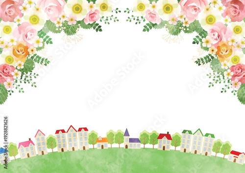 ブーケと街並みイラスト、春、かわいい、横、水彩