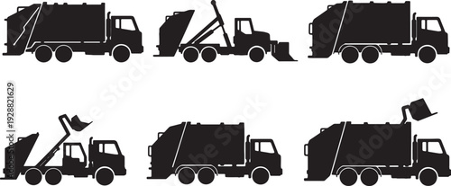 Black Solid Various Garbage Truck Silhouettes Set of Six on White Background