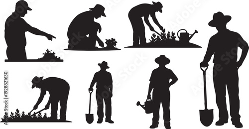 Black Solid Gardener Landscape Silhouettes Set of Six on White Background