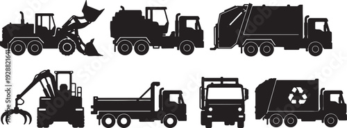 Black Solid Garbage Truck Silhouettes Set of Six on White Background