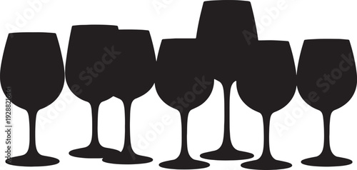 Black Solid Garden Party Wine Glasses Silhouettes Set of Six on White Background