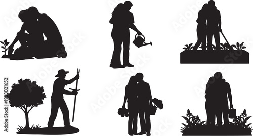 Black Solid Gardening Plant Couple Hugs Set of Six on White Background