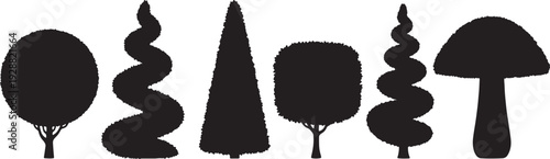 Black Solid Garden Topiary Tree Silhouettes Set of Six on White Background