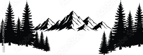 Mountain landscape vector illustration, black and white silhouette, coniferous trees framing sharp peaks, wilderness nature scene, outdoor adventure design