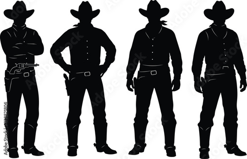 Black cowboy silhouette vector collection with western gunmen and outlaw figures isolated on white for cad drawing flat illustration design