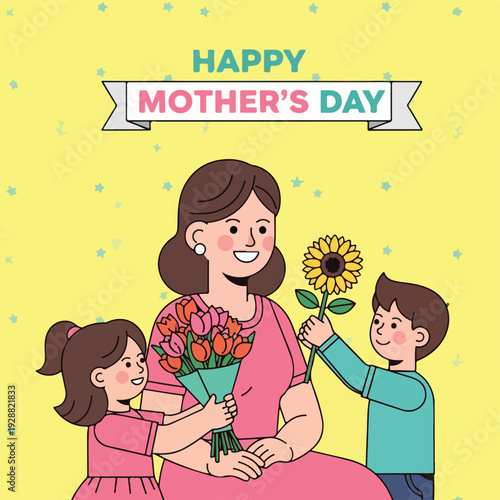 A cartoon illustration shows a mother receiving flowers from two smiling children