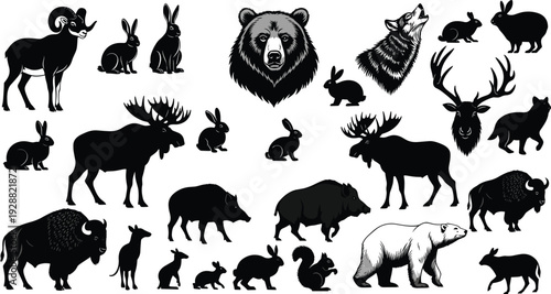 North American wildlife silhouettes, forest tundra animals vector illustration, deer moose bison wolf bear rabbit squirrel clipart, nature design art graphics