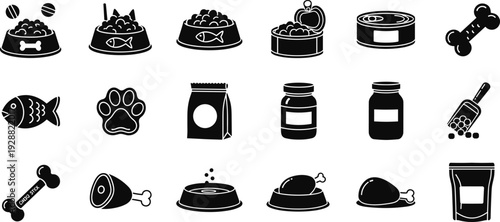 Pet Food Silhouette Icons Set with Dog Bowls, Bones, Fish, Meat, Treat Jar and Animal Feeding Supplies Vector Collection