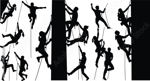Rock climbing vector illustration, wall climbers silhouettes, rope harness artwork, dynamic sport design, adventure activity clipart, outdoor inspired graphic