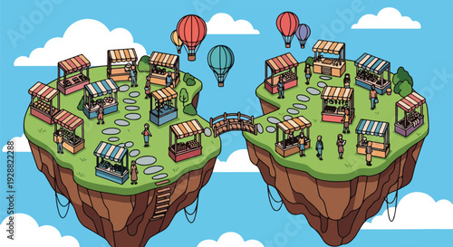 A cartoon market on floating islands connected by a bridge, balloons drift