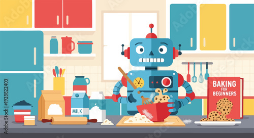 A cartoon robot making cookies, surrounded by baking ingredients, and a cookbook