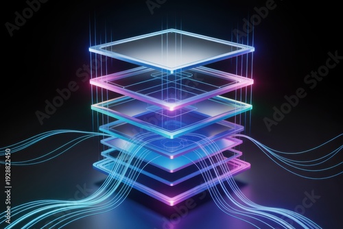 Layered Data Stacks with Neon Light Streams Digital Information Flow Technology Abstract
