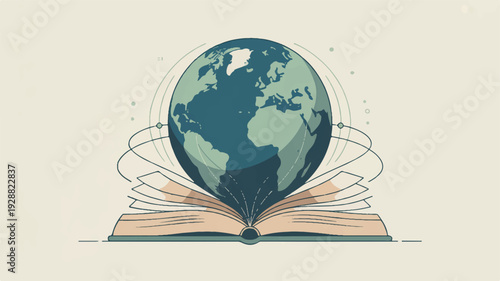 Globe on open book with swirling lines symbolizing education and global knowledge in a beige background