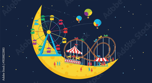 A cartoon theme park on the moon, with attractions under a starry sky