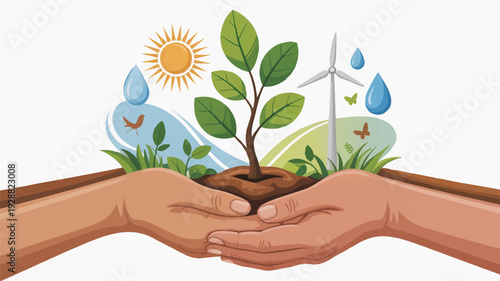 Gentle hands cradling a young plant with green leaves symbolizing eco friendly care and sustainable growth