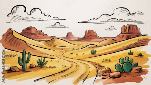 A vast desert landscape with a winding road through red rock formations and cacti under a cloudy sky