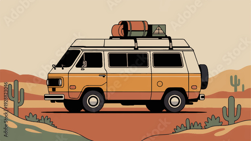 Vintage orange van with luggage on top driving through desert landscape with cacti and sandy hills
