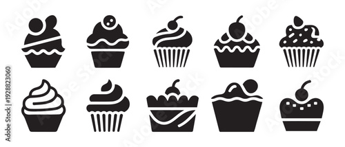 Black Cupcake Icons and Symbols, Various Styles, Perfect for Food Blogs and Sweet Treats Graphics.