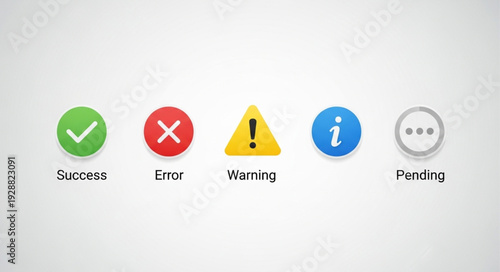 Set of five status icons including success error warning info and pending.