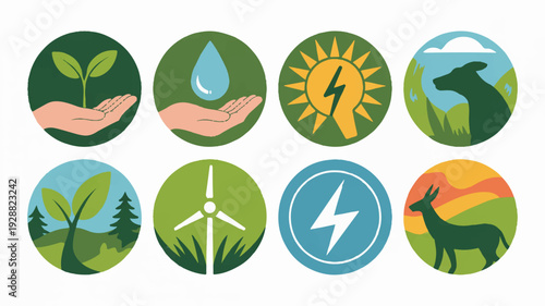 Eco friendly energy nature circle stickers set green sustainable icons for conservation and renewable power