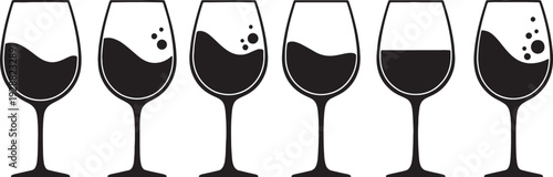 Black Solid Abstract Liquid Wine Glasses Silhouettes Set of Six on White Background