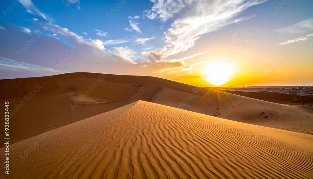 Naklejka premium Golden sunset and sunrise glow over the Sahara desert sand dunes in a hot summer landscape under an orange horizon sky for a dry wilderness travel adventure in Morocco