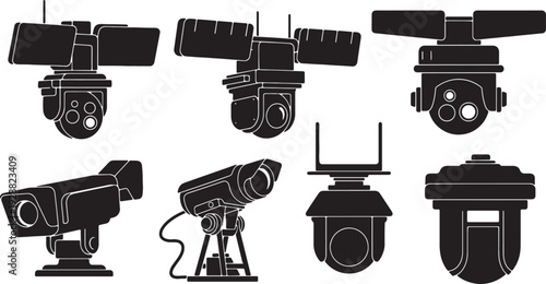 Black Solid Aerial Reconnaissance Camera Silhouettes Set of Six on White Background